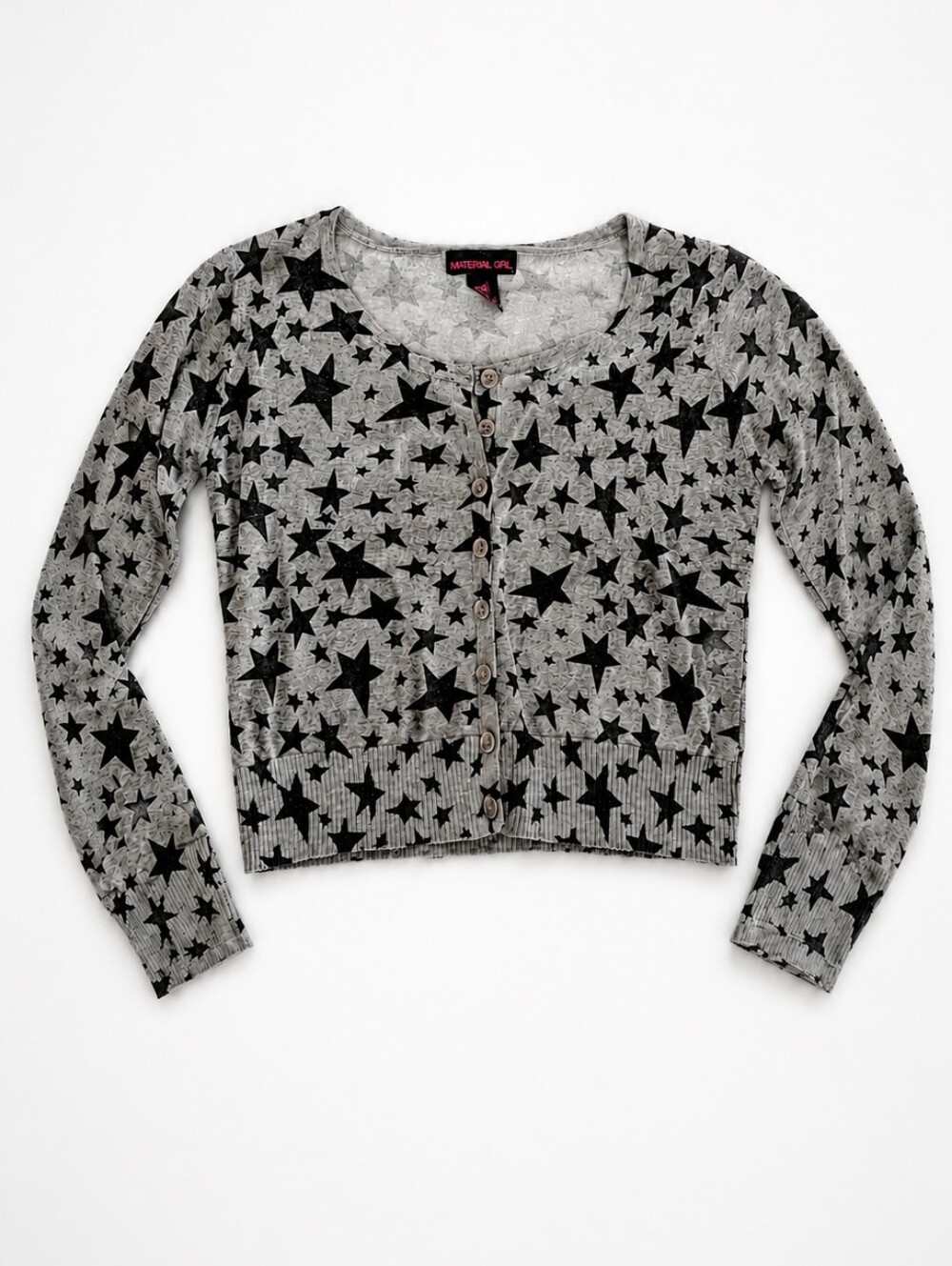 NEW Material Girl Grey Black Star Print Cropped Button Front Cardigan Large